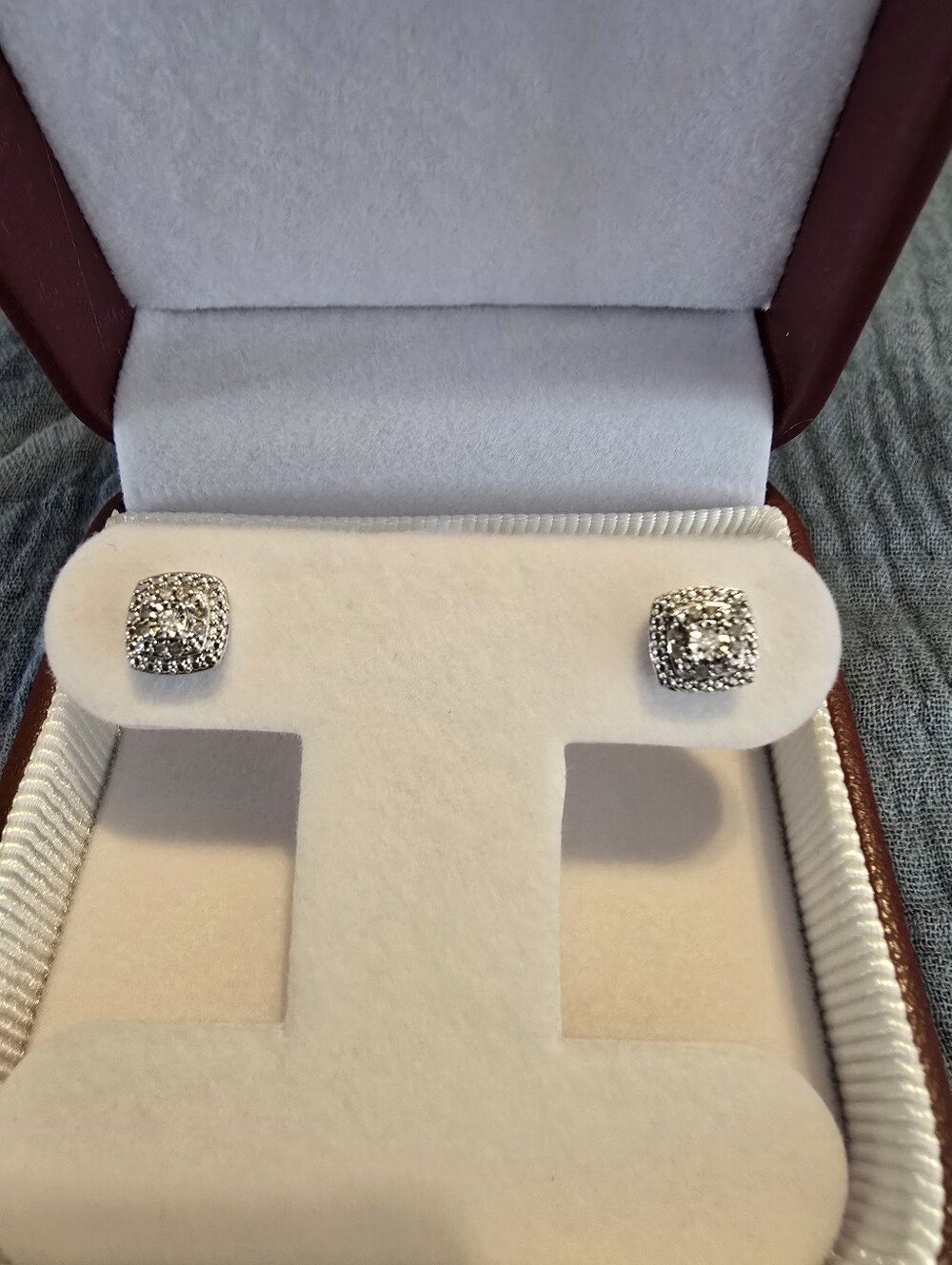 Sterling Silver Diamond Square Stud Earrings - Silver